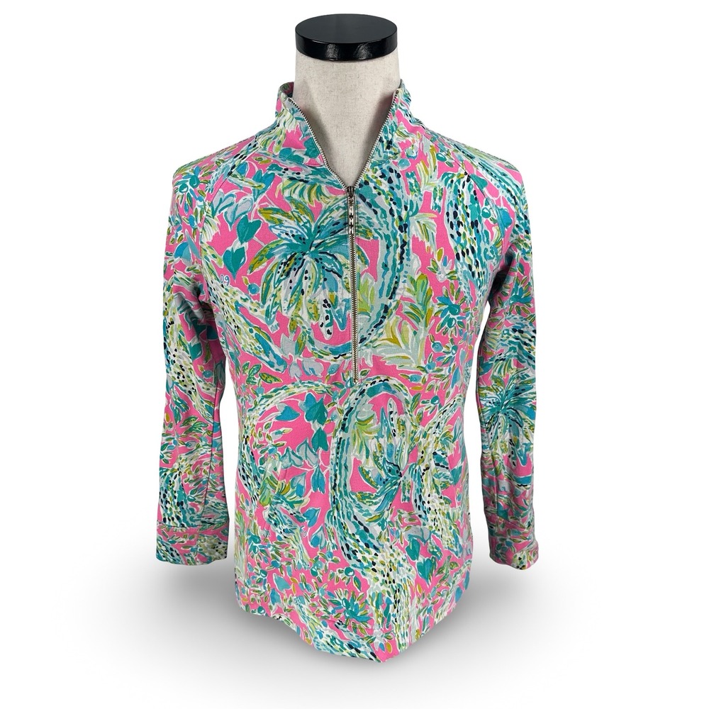 Lilly Pulitzer Skipper Popover Pink Blue Tropical Floral 1/2 Zip Pullover Small